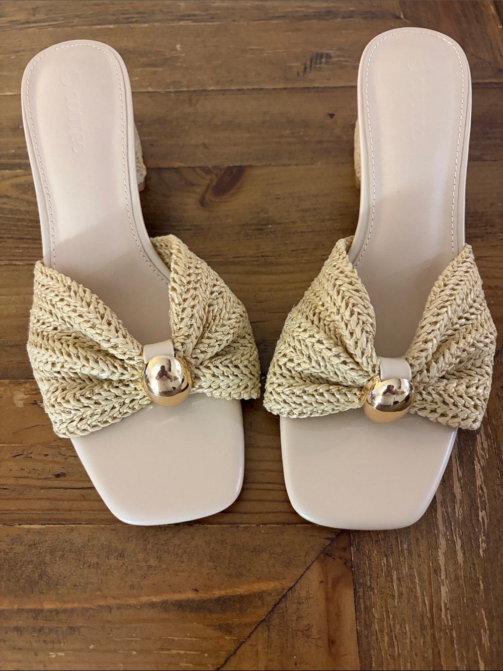 Braided Bow Slide Mules in Natural Cream with Gold Accent